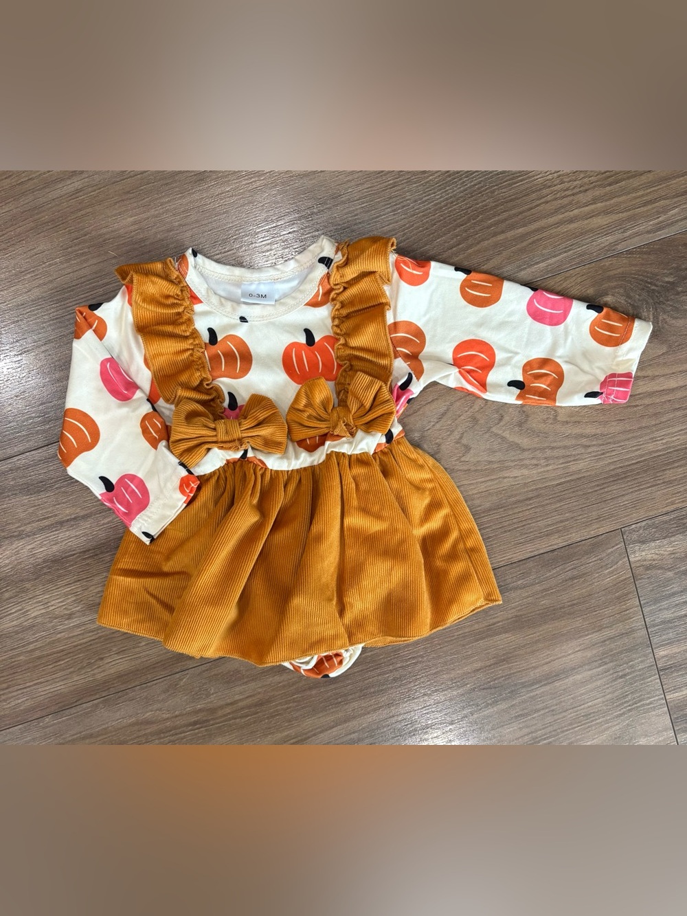 Girls Mustard Pumpkin Print Corduroy Dress Set